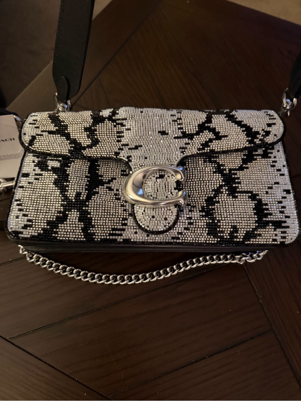 Coach Crystal Snake-Print Shoulder Bag in Black and Silver